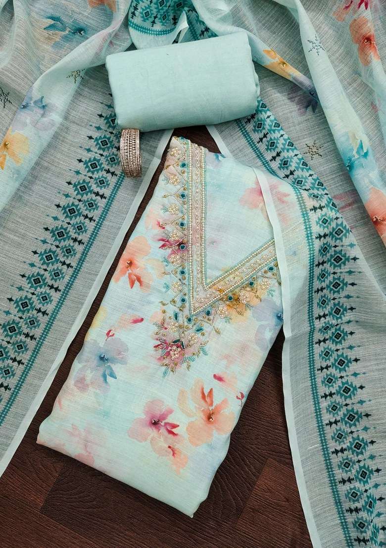 Sky Blue Embroidered Cotton Pakistani Suit Set - Indya