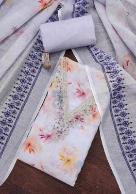 Lavender Embroidered Cotton Blend Dress Material