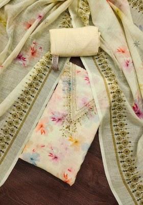 Cream Embroidered Cotton Blend Dress Material