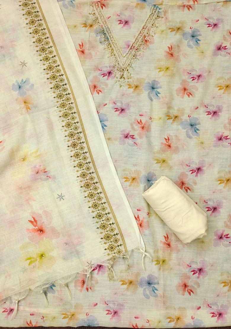 Cream Embroidered Cotton Blend Dress Material - Indya