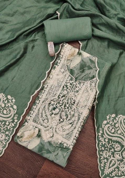 Sea Green Embroidered Cotton Blend Dress Material