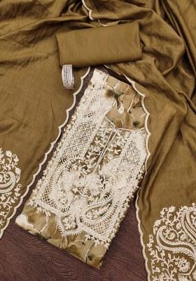 Caramel Brown Embroidered Cotton Blend Dress Material