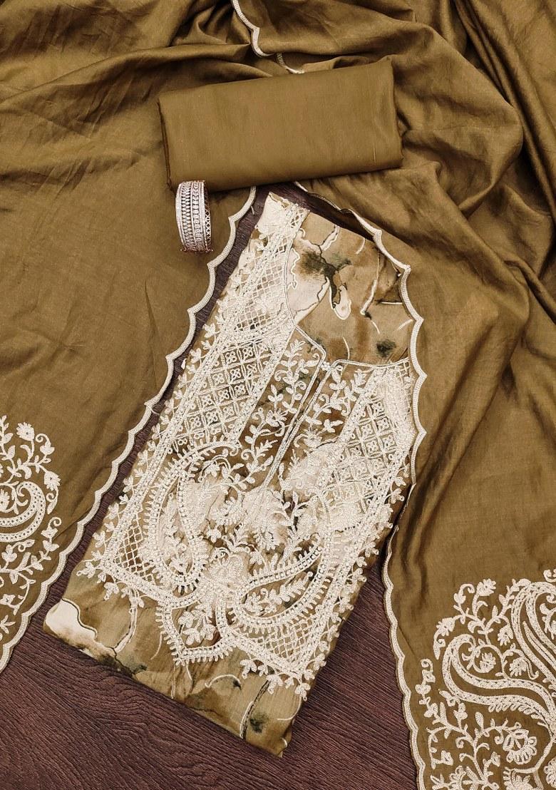 Caramel Brown Embroidered Cotton Blend Dress Material