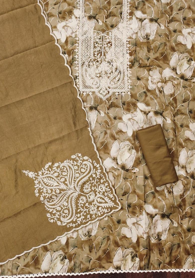 Caramel Brown Embroidered Cotton Blend Dress Material