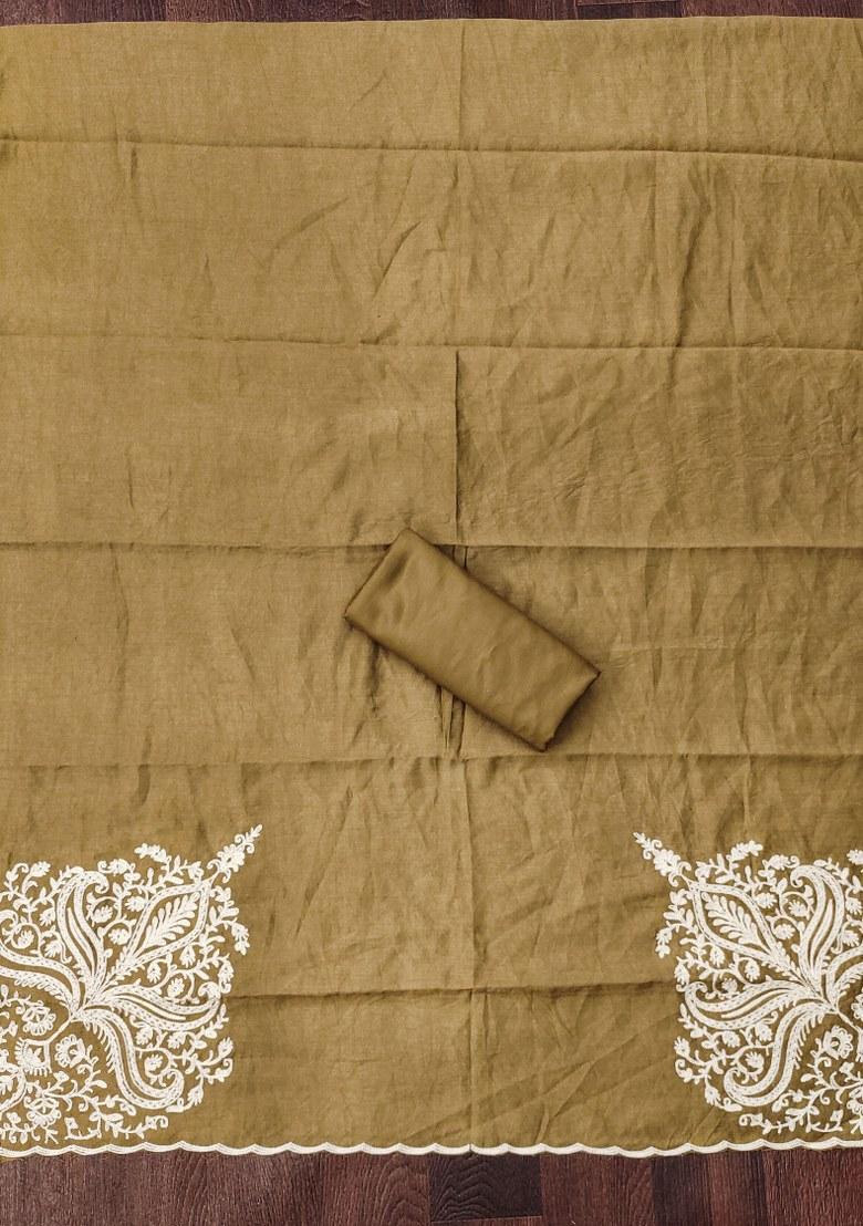 Caramel Brown Embroidered Cotton Blend Dress Material