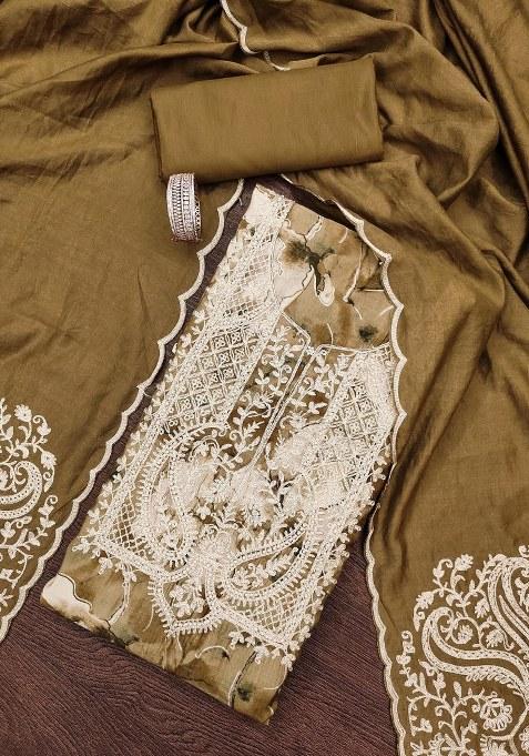 Caramel Brown Embroidered Cotton Blend Dress Material