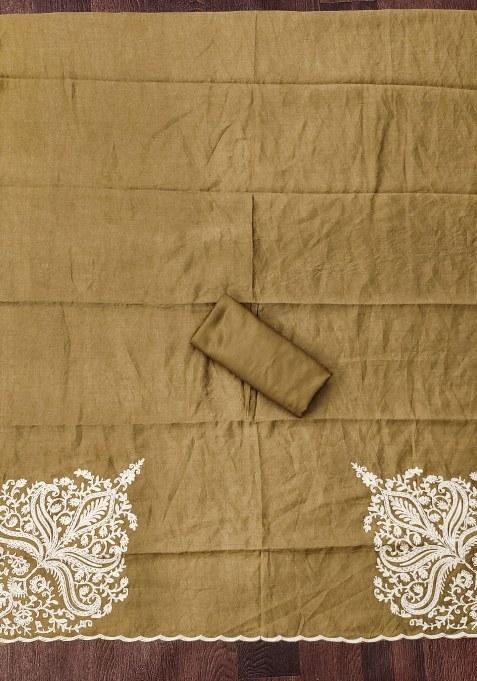 Caramel Brown Embroidered Cotton Blend Dress Material