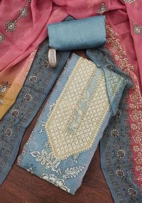 Teal Embroidered Silk Dress Material