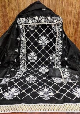 Black Embroidered Cotton Blend Dress Material