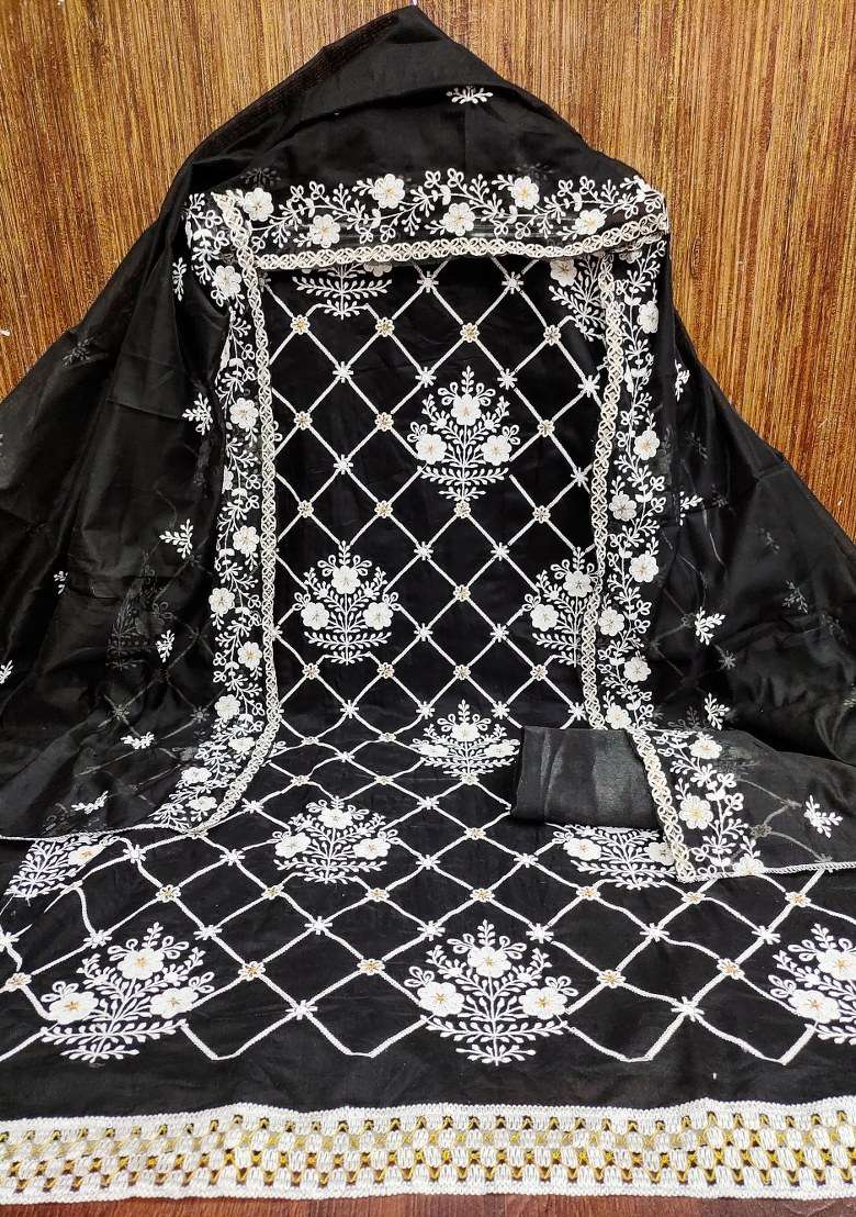 Black Embroidered Cotton Blend Dress Material - Indya