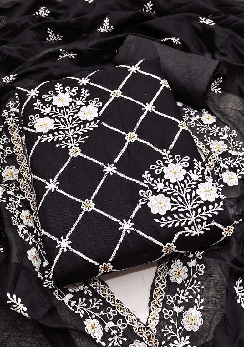 Black Embroidered Cotton Blend Dress Material - Indya