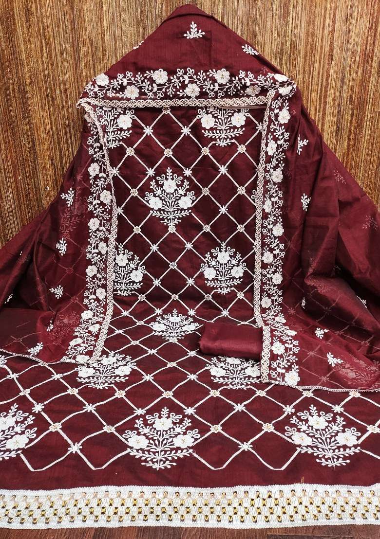 Maroon Embroidered Cotton Blend Dress Material - Indya