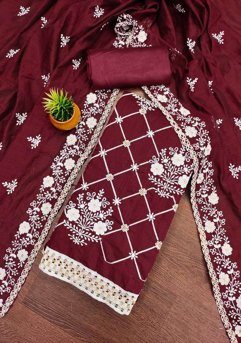 Maroon Embroidered Cotton Blend Dress Material - Indya