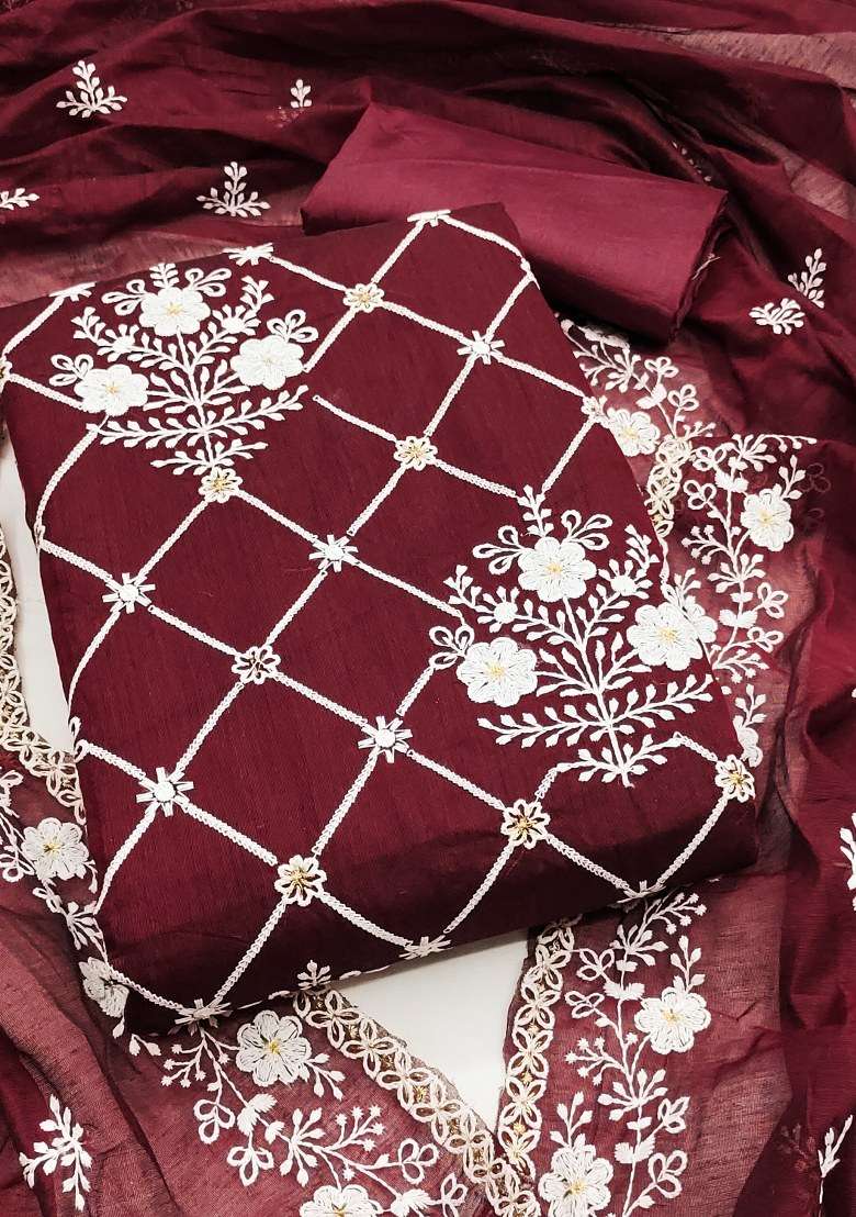 Maroon Embroidered Cotton Blend Dress Material - Indya