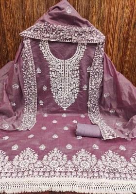 Lavender Embroidered Cotton Blend Dress Material