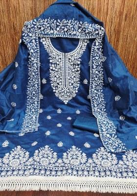Teal Blue Embroidered Cotton Blend Dress Material