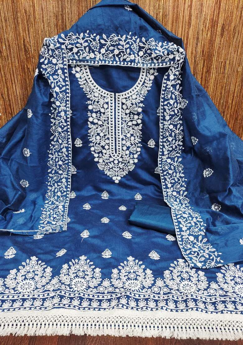 Teal Blue Chikankari Cotton Pakistani Suit Set - Indya