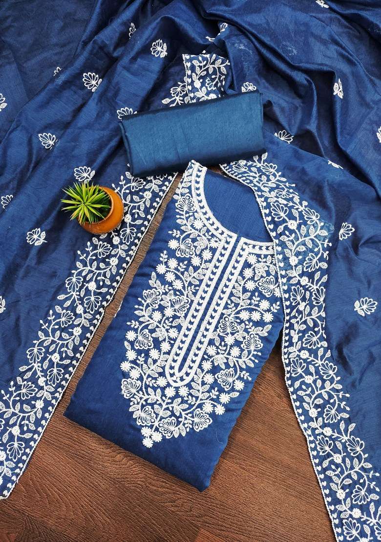 Teal Blue Chikankari Cotton Pakistani Suit Set - Indya