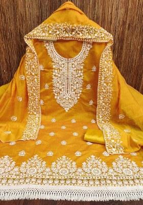 Yellow Embroidered Cotton Blend Dress Material