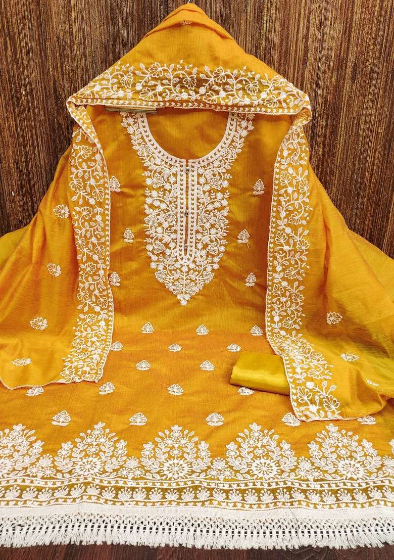 Yellow Chikankari Blended Straight Kurta Set - Indya