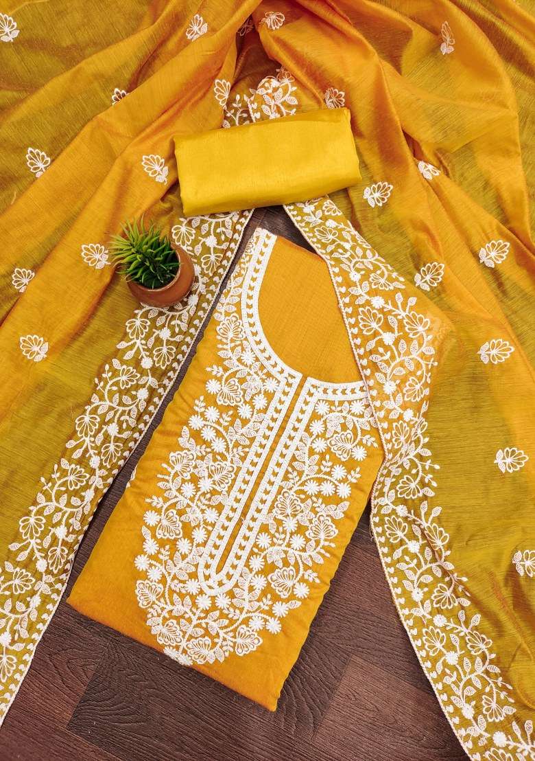 Yellow Chikankari Blended Straight Kurta Set - Indya