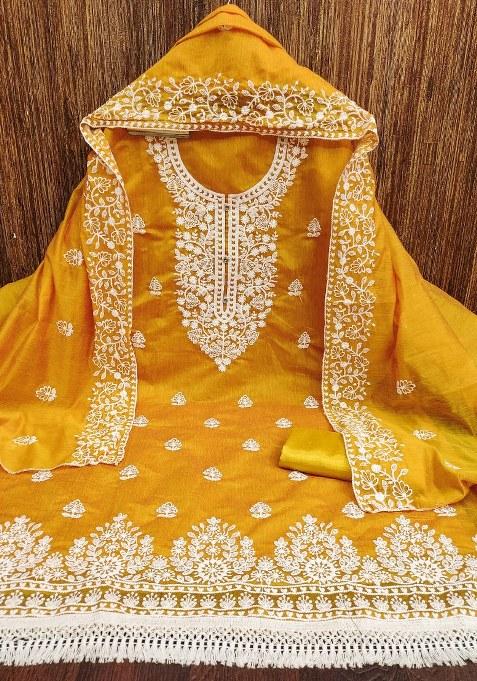 Yellow Chikankari Blended Straight Kurta Set
