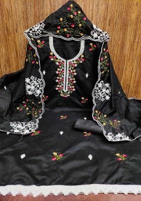 Black Embroidered Cotton Blend Dress Material