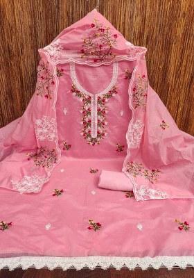 Baby Pink Embroidered Cotton Blend Dress Material