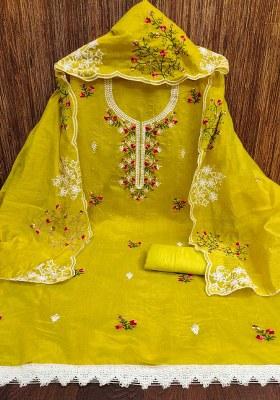 Lime Green Embroidered Cotton Blend Dress Material