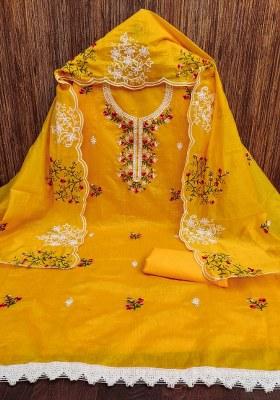 Mustard Embroidered Cotton Blend Dress Material