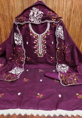 Purple Embroidered Cotton Blend Dress Material