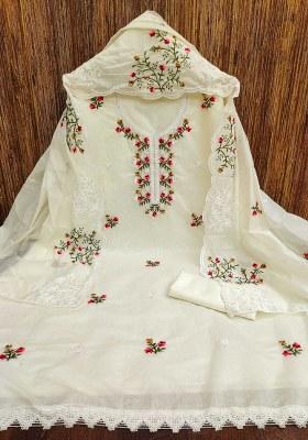 White Embroidered Cotton Blend Dress Material