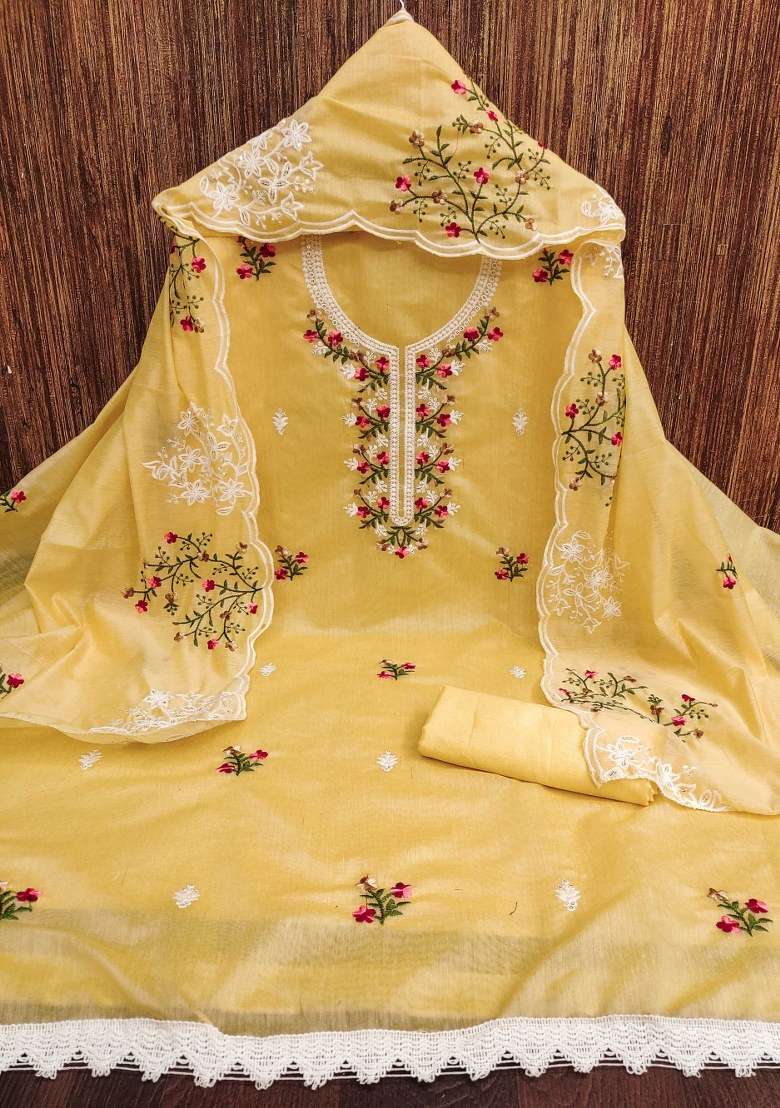 Yellow Embroidered Blended Straight Kurta Set - Indya