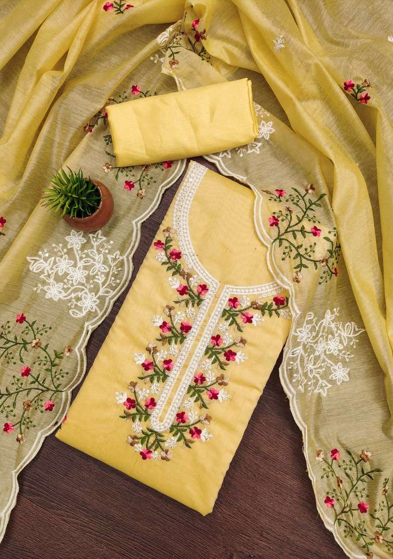 Yellow Embroidered Blended Straight Kurta Set - Indya