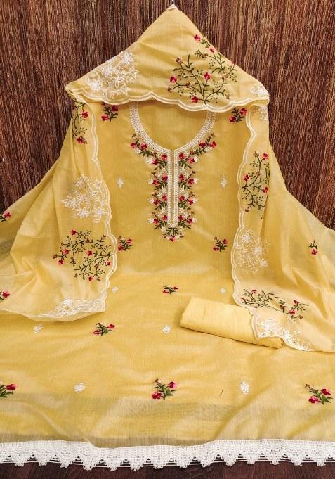 Yellow Embroidered Cotton Blend Dress Material