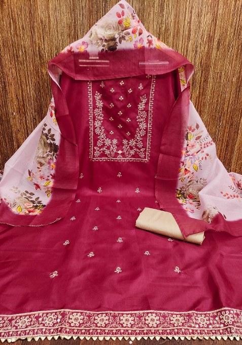 Red Embroidered Cotton Blend Dress Material