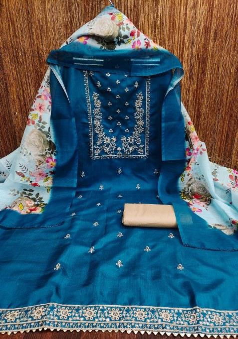 Teal Embroidered Cotton Blend Dress Material