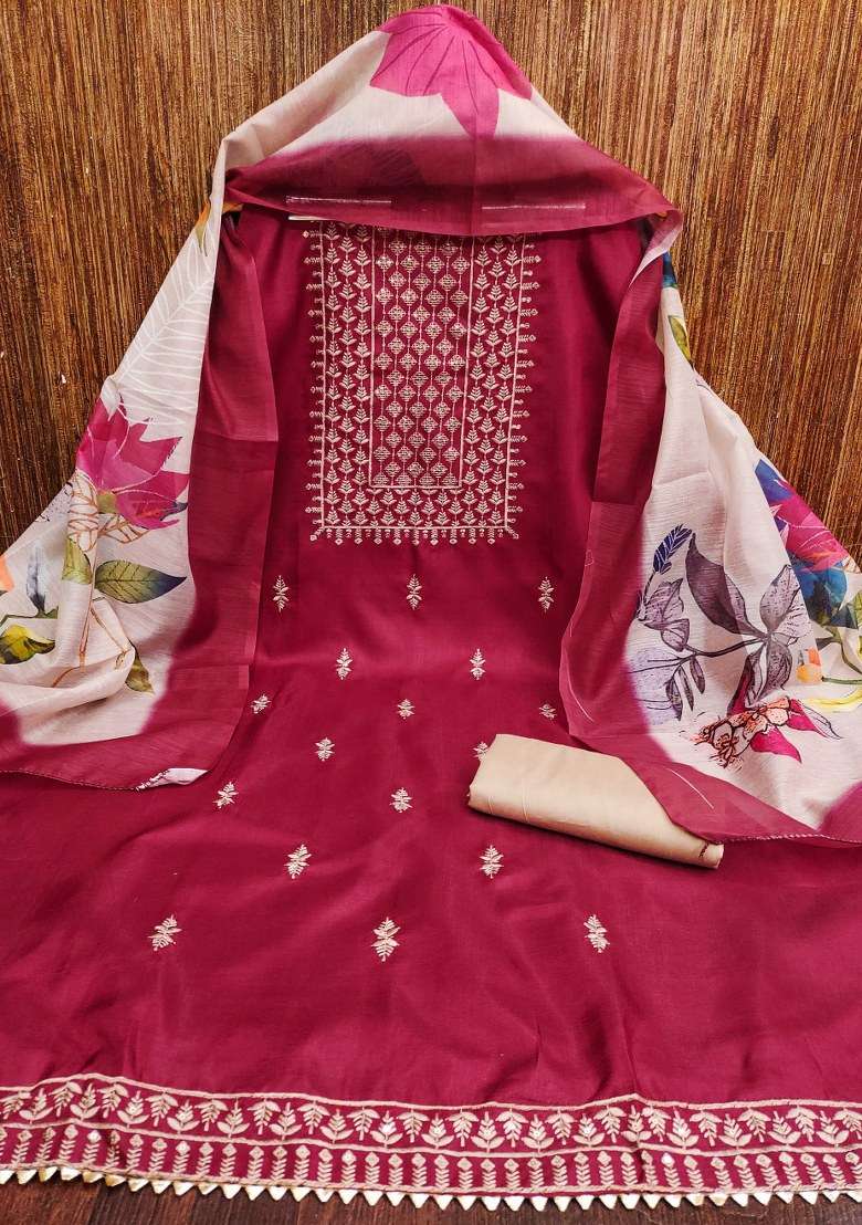 Magenta Embroidered Blended Straight Kurta Set - Indya