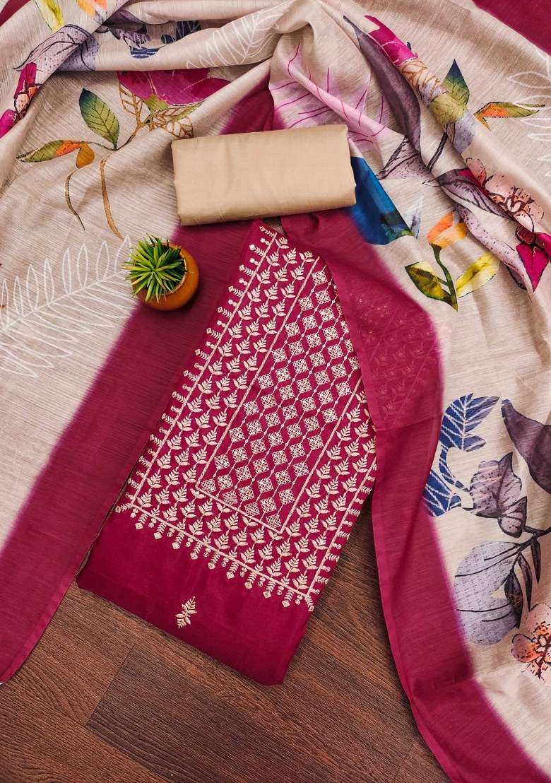Magenta Embroidered Blended Straight Kurta Set - Indya