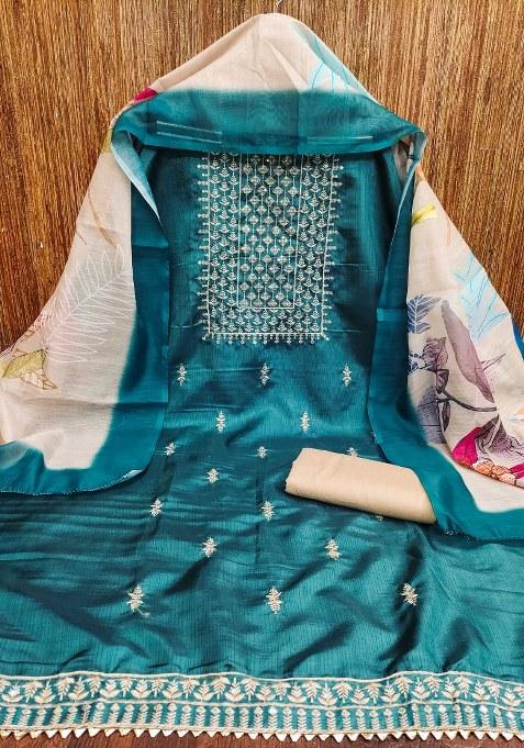 Teal Embroidered Cotton Blend Dress Material