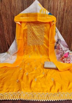 Yellow Embroidered Cotton Blend Dress Material