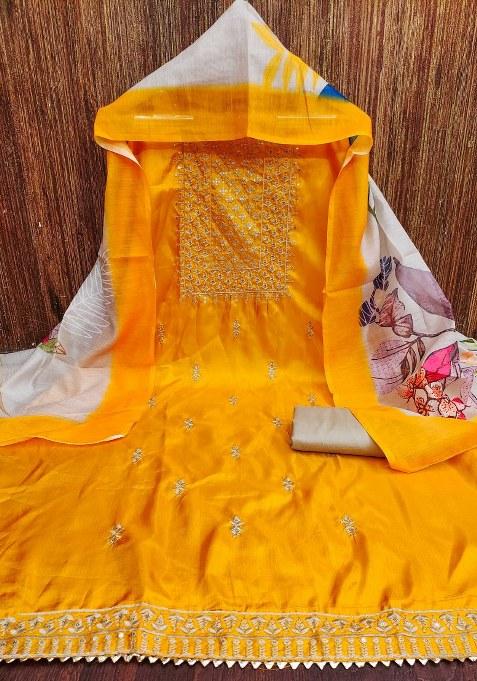 Yellow Embroidered Blended Straight Kurta Set