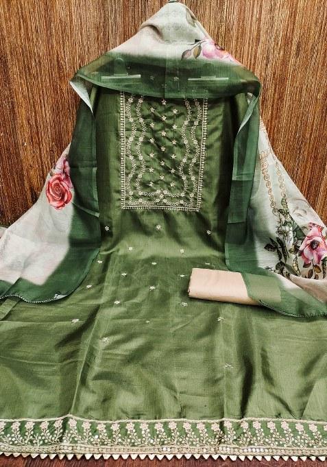 Green Embroidered Blended Straight Kurta Set