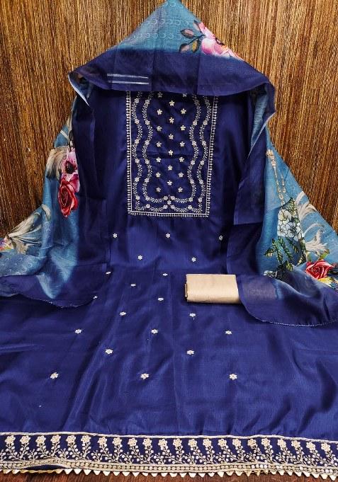 Navy Embroidered Cotton Blend Dress Material