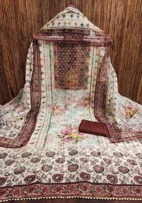 Cream Embroidered Oragnza Dress Material