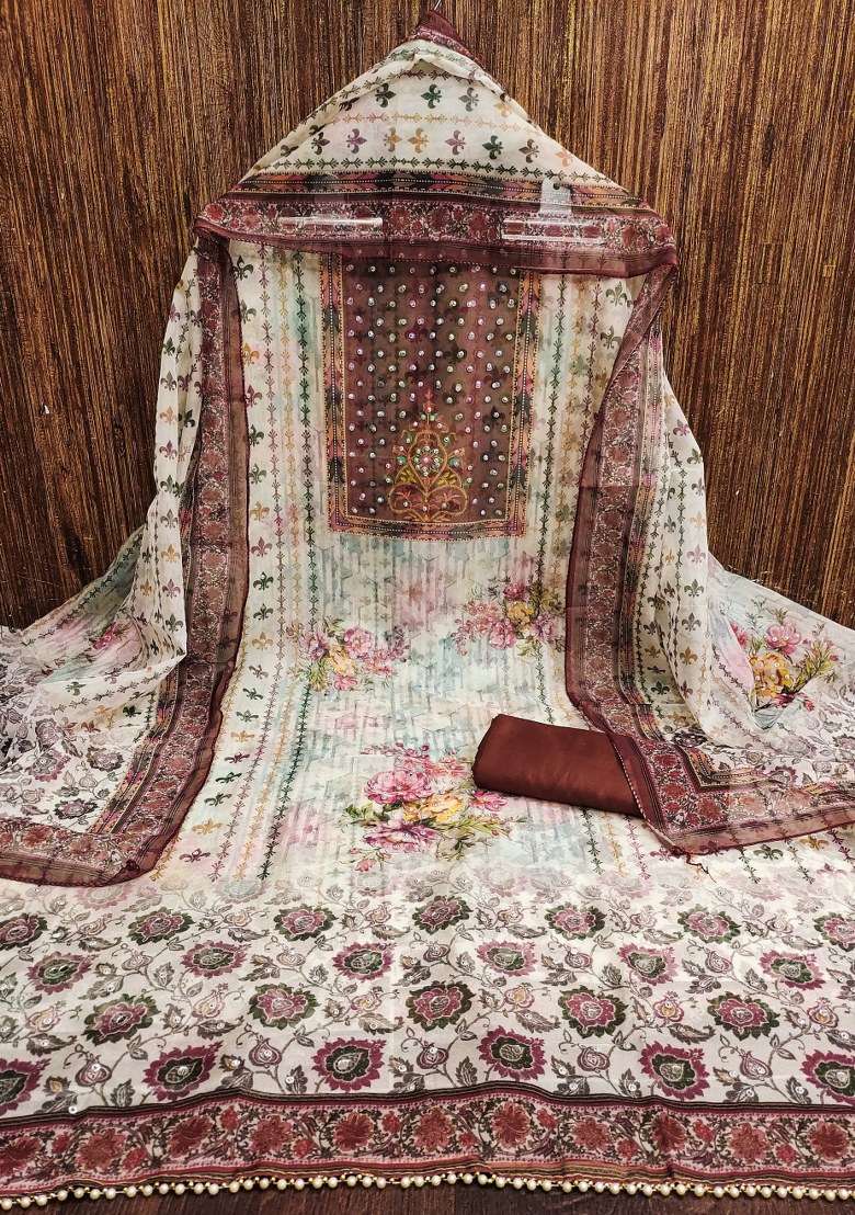Cream Floral Print Organza Pakistani Suit Set - Indya
