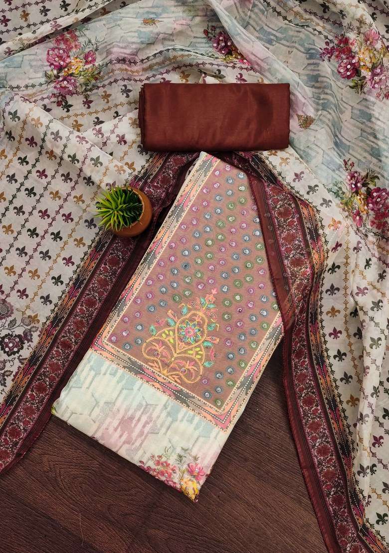 Cream Floral Print Organza Pakistani Suit Set - Indya