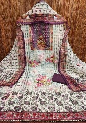 Cream Embroidered Oragnza Dress Material