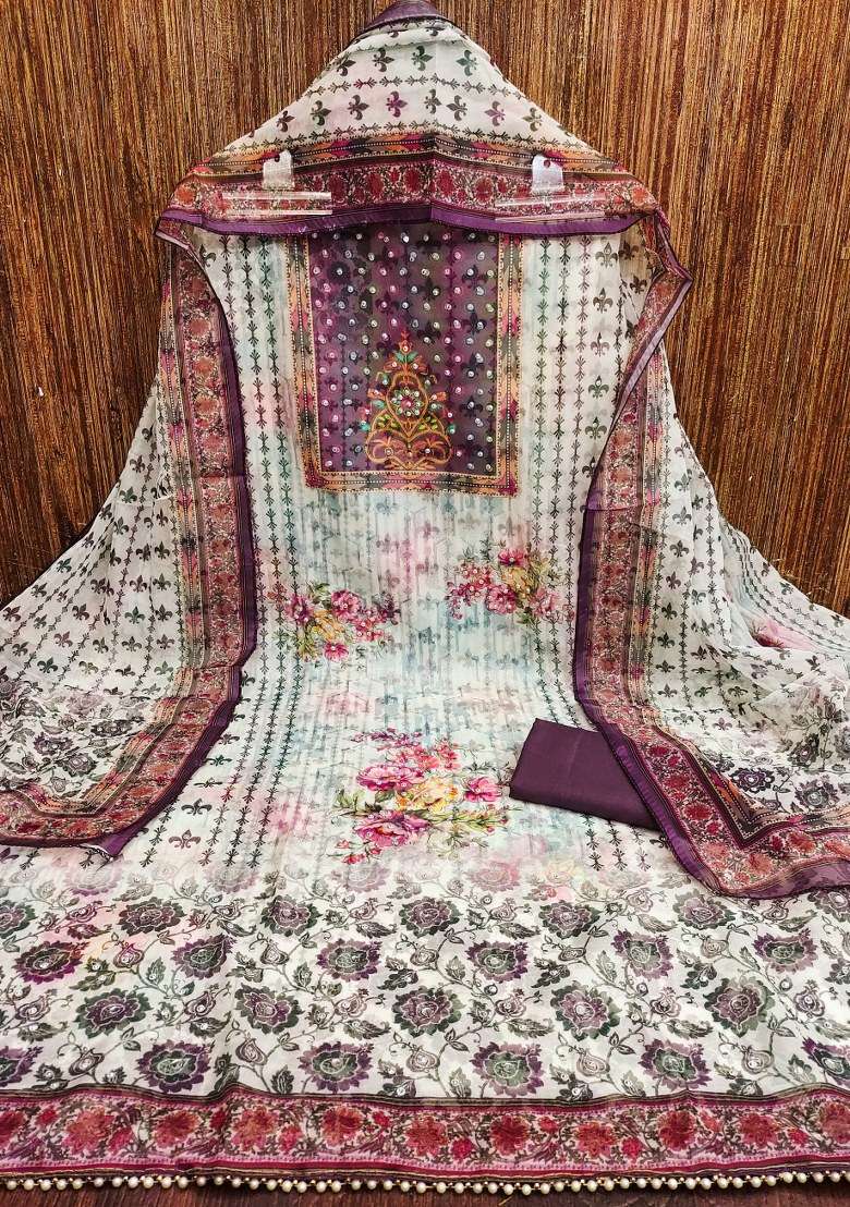 Cream Floral Print Organza Pakistani Suit Set - Indya