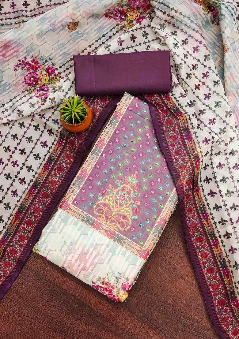 Cream Floral Print Organza Pakistani Suit Set - Indya
